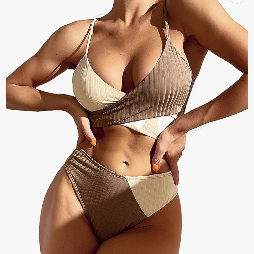 Shein cream/ brown multi color bikini